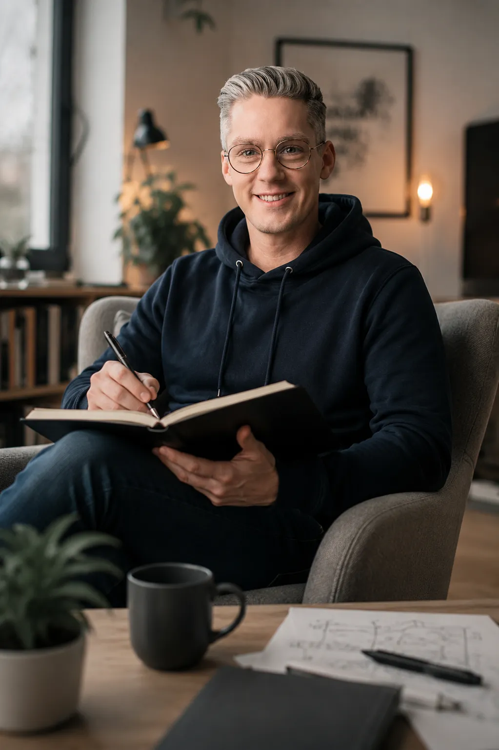 Patrick Reuver mit Notizbuch auf einem Sessel, KI-generiert