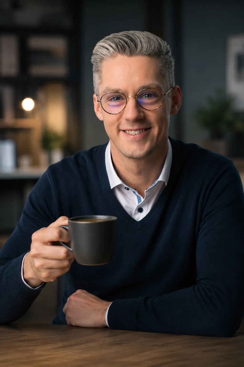 Portrait Patrick Reuver mit Kaffee-Tasse, Bild KI-generiert